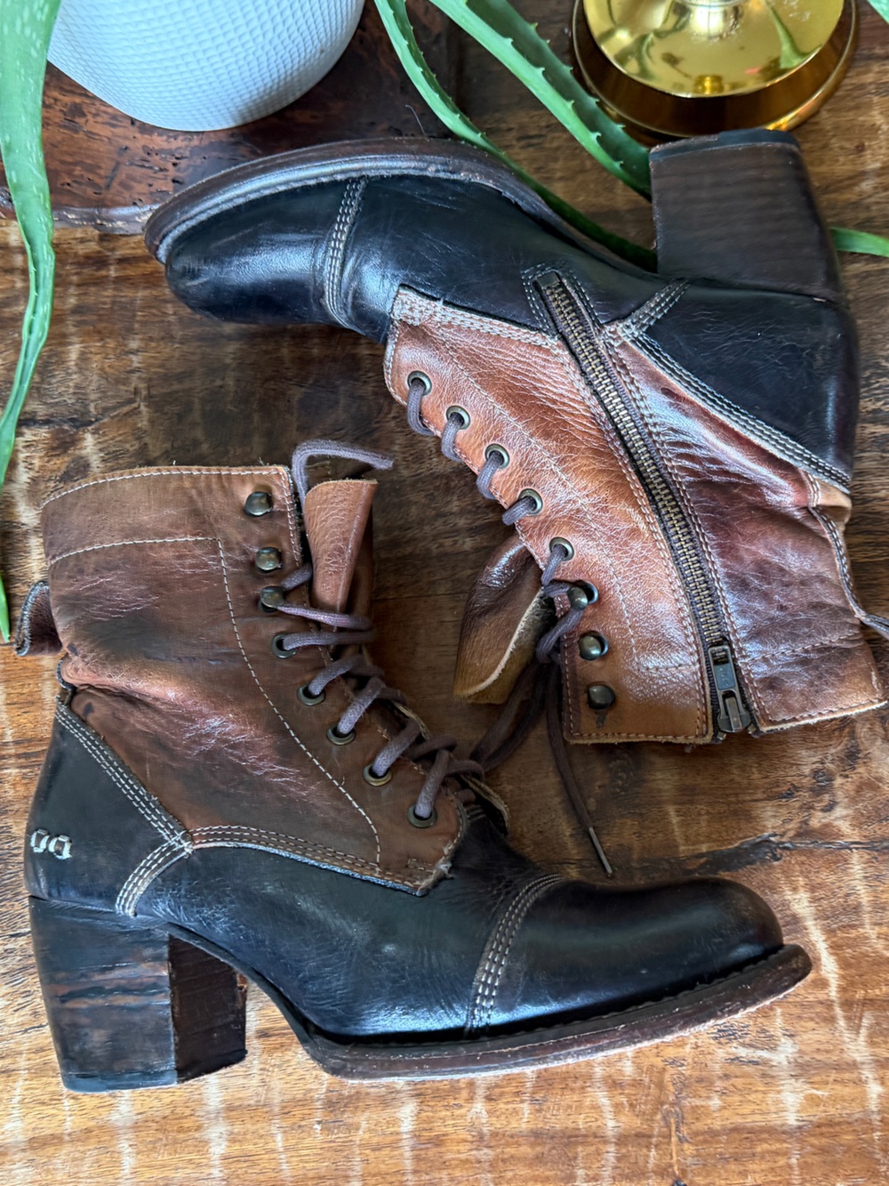 Bed Stu Judgement Two-Tone Brown/Black Leather Lace-Up Heeled Boots 9 - Picture 5 of 15